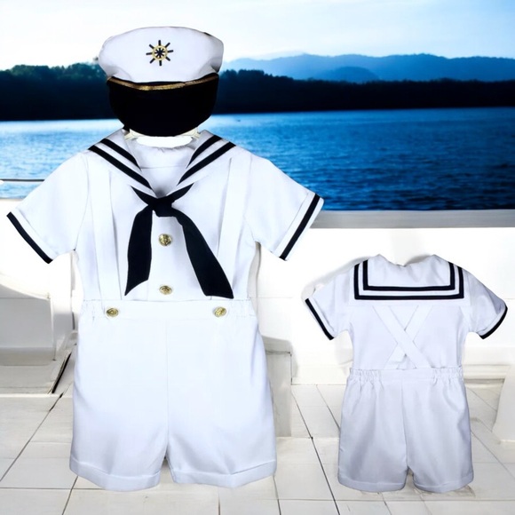New Baby Toddler Boys Bow Accent Nautical Cap Outfit Set - Picture 11 of 15